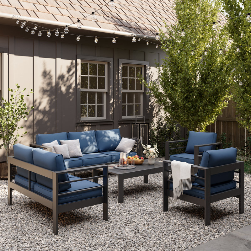 Ensemble de conversation pour 7 personnes avec coussins, Gris, Bleu
