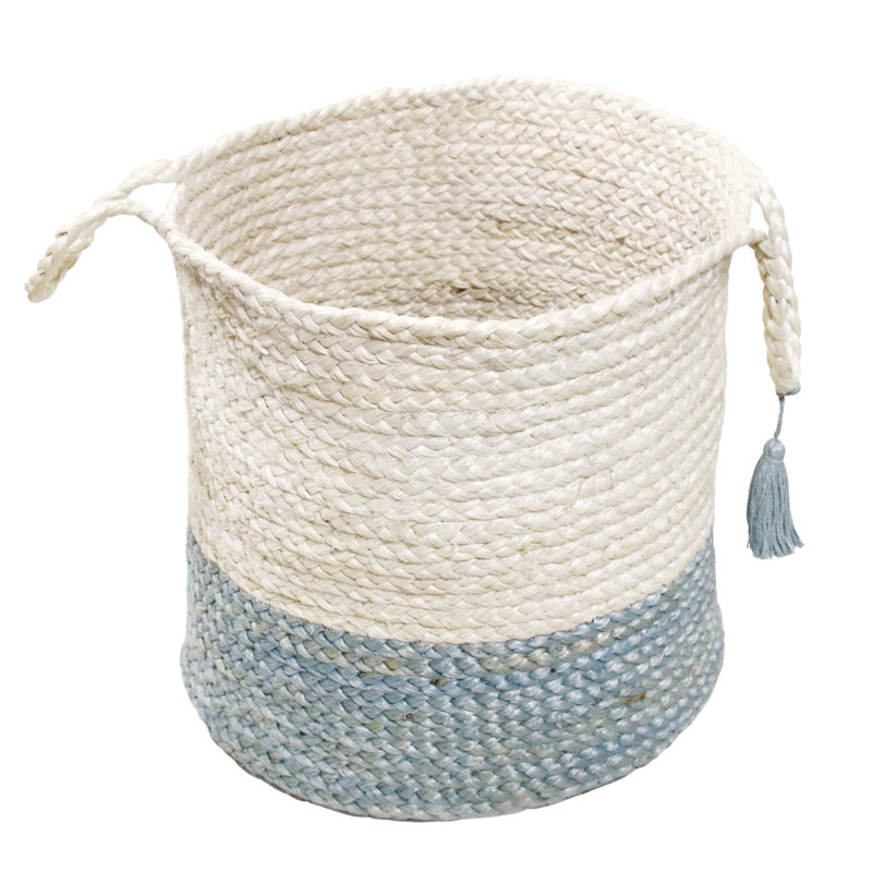 Handmade Natural Jute Relaxed Storage Basket, 19" H x 19" W x 19" D, White/Light Blue