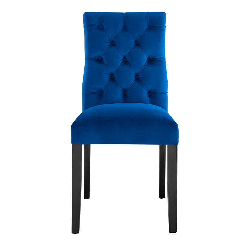 Elegant Navy Velvet Upholstered Dining Side Chair with Wooden Legs