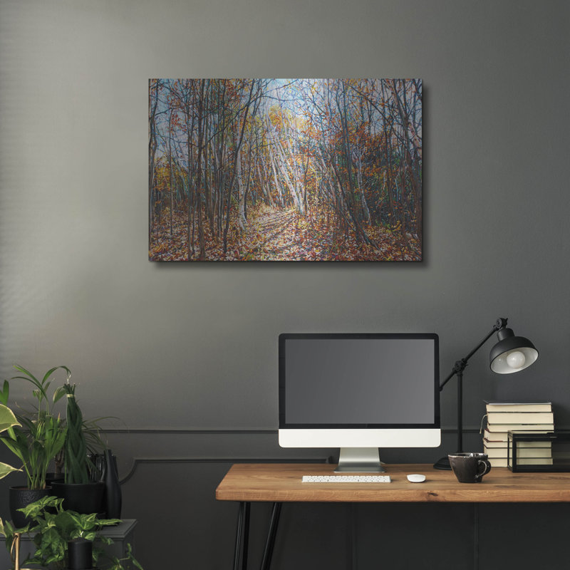 Millwood Pines, «Fall Forest Trail Acrill the Birch» par Joanne Towers, art mural en métal, H 24 po x l 36 po