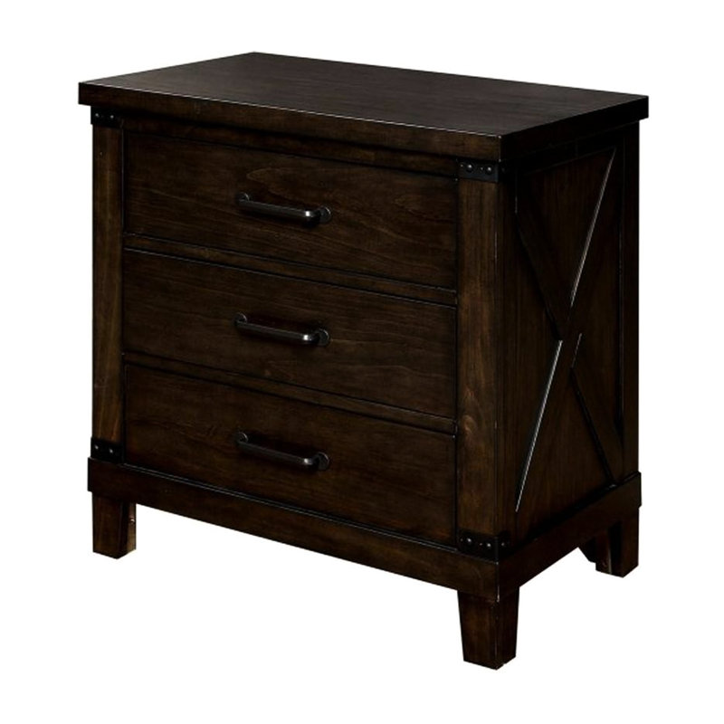 Armoire de chevet 3 tiroirs en bois massif rustique avec finition noyer foncé