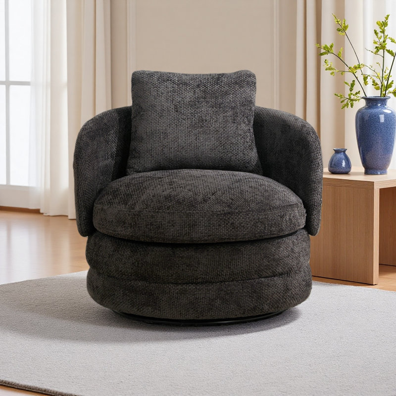 30"W Modern Round 360° Swivel Barrel Accent Chair With Pillow, Chenille Upholstered Comfy Barrel Armchair Single Club Sofa Chair For Living Room