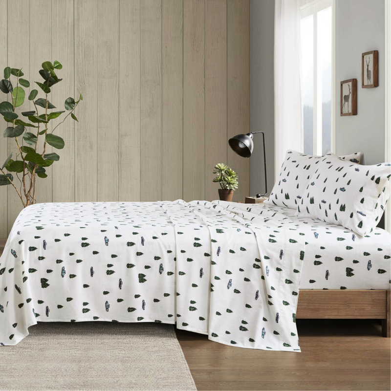 Ensemble de 4 draps pour grand lit avec des arbres et des camions séduisants, 100% flanelle de coton, velours doux double - brossé, convient à un matelas de 14 po convenablement exquis