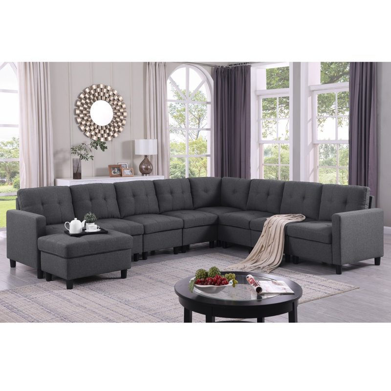 Kentrell 9 - Piece Upholstered Sectional With Ottoman, Dark Gray Linen