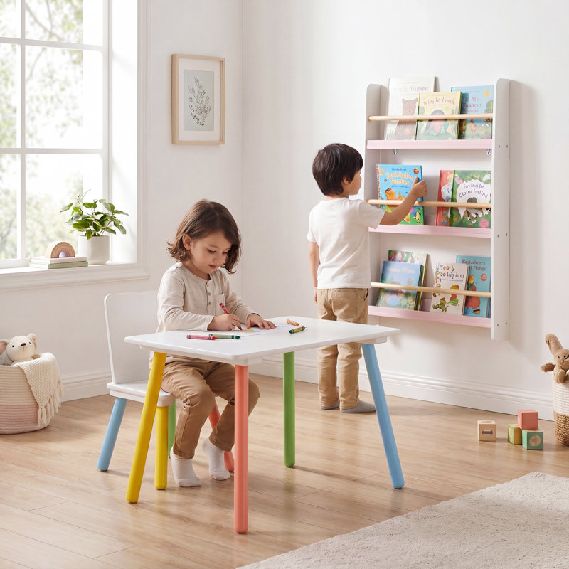 Kids 3 Piece and Chair Set, White/Pink