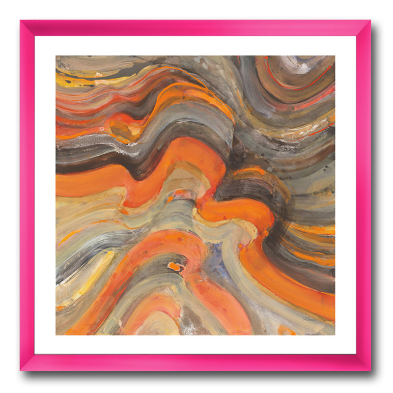 " Abstract Gilded Orange Waves ", Pink Framed, 30" H x 30" W x 1" D
