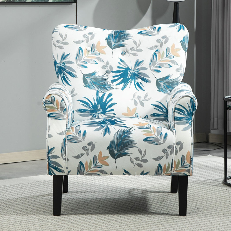 upholstery modern armchair with wood legs and wing back, Blue Polyester