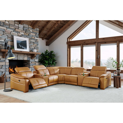 Canapé modulaire en cuir avec siège inclinable, appui-tête réglable et console de rangement avec porte-gobelets