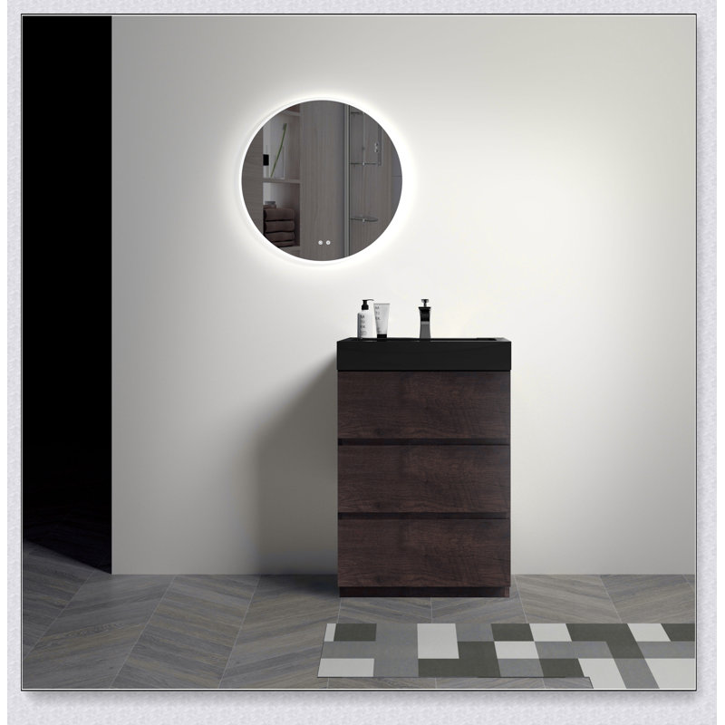 Meuble-lavabo autoportant avec grand lavabo et rangement, Noyer, 24", Noir