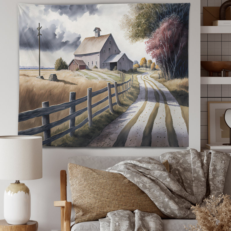 Calm Red Barn In Spring VII Polyester Tapestry, 50" H x 60" W