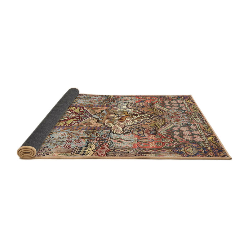 Tapis oriental brun et rouge en laine et polyester tissé à la machine, Rond 3 pi