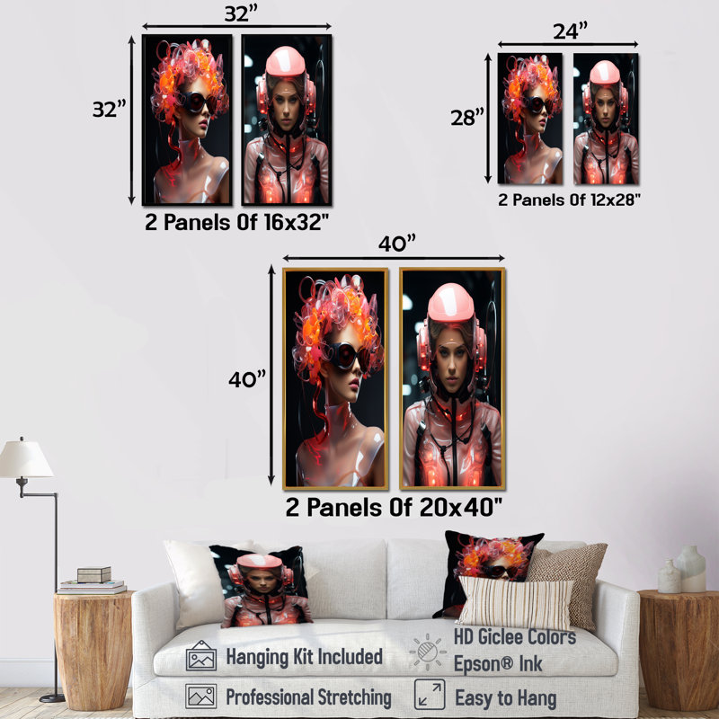 «Neon Woman Sci Fi Portrait I», ensemble d'art mural sur toile, Encadrement brun, H 32 po x l 33 po