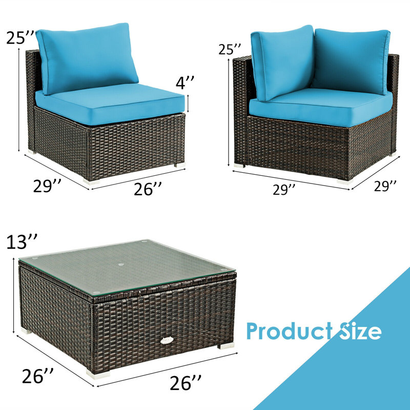 Ensemble de conversation avec canapé en rotin 5 pièces avec coussins, Bleu