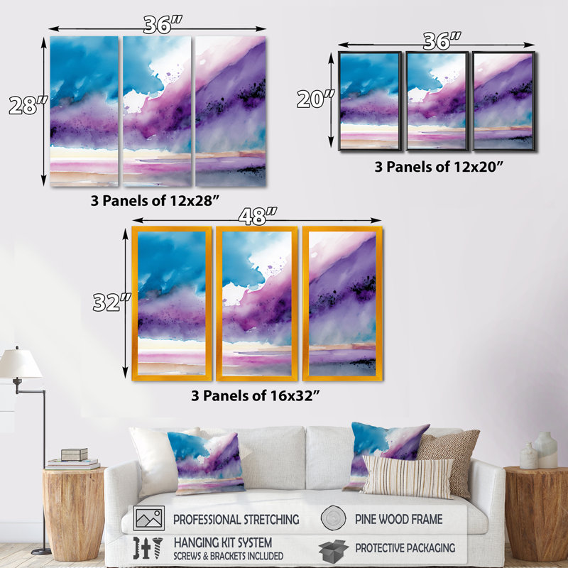 «Violet Storm at the Horizon III», reproduction sur toile 3 pièces, H 20 po x l 36 po x P 1 po, Toile avec cadre doré