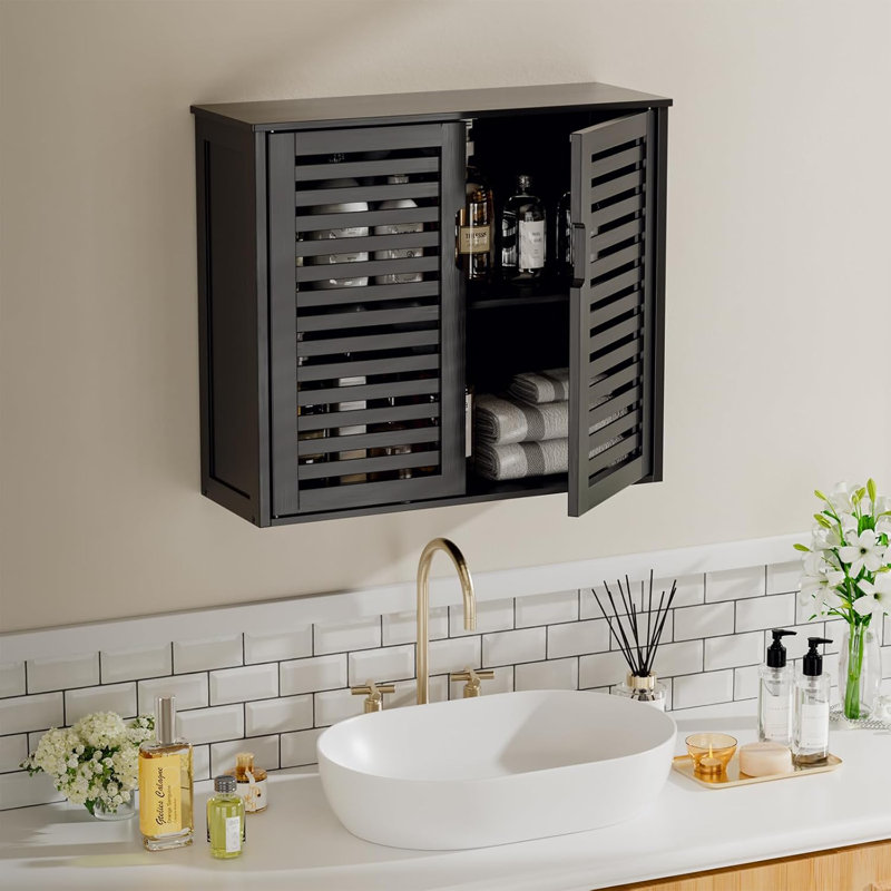 Armoire de rangement de salle de bain noire, armoire à pharmacie suspendue avec tablette réglable, rangement mural en bambou au-dessus de la toilette, portes doubles
