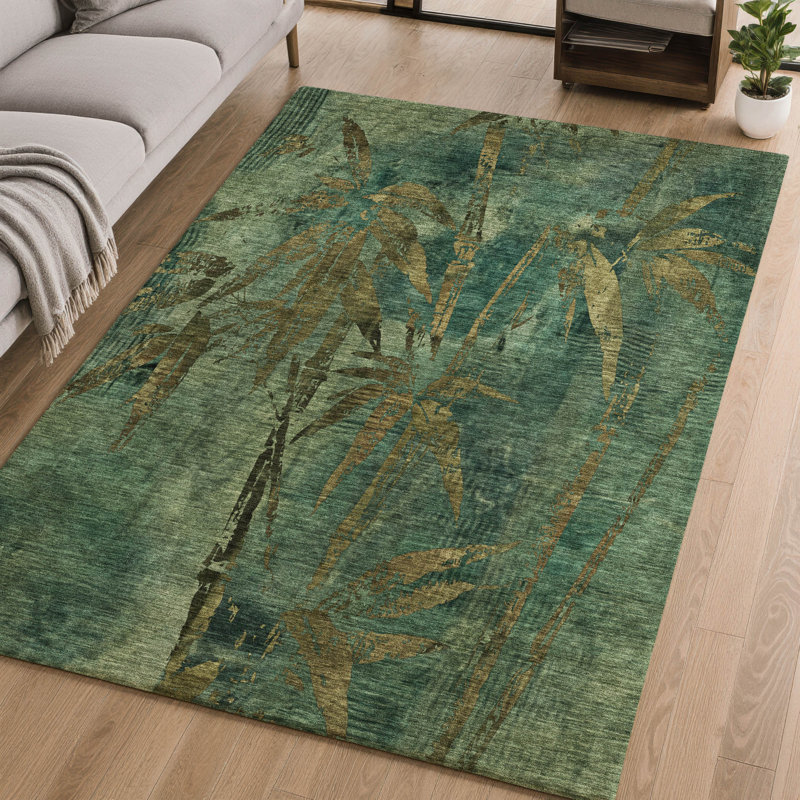 Premium Machine Washable Mayfield AMF2222 Botanical Rug, Green, 5' x 7'6"