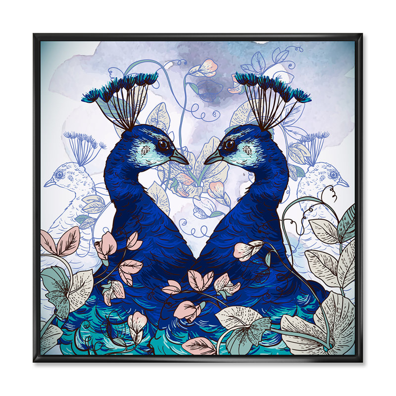 Deux paons bleus avec des fleurs sauvages - reproduction de cadre flottant sur toile, H 36 po x l 36 po x 1,5 po, Cadre noir