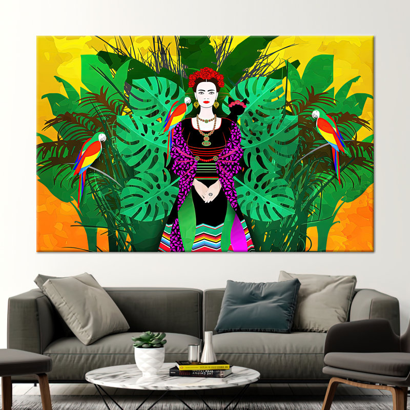 Frida Kahlo Parrot Themed Wall Art - Famous Canvas Print Gift, 25 cm H x 35 cm W, Does Not Apply, Framed Wrapped Canvas