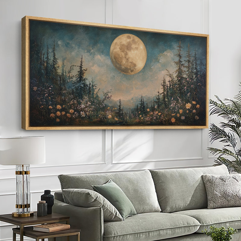 Pleine lune sur forêt, impression sur toile surdimensionnée, décorations murales encadrées, H 30 po x l 60 po, Naturel