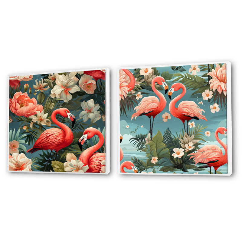 Flamant rose botanique Bliss, Cadre flottant blanc, H 30 po x l 61 po