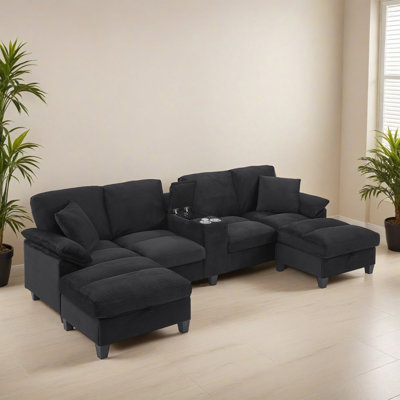 Modern 116.92" Upholstered U-shaped Sectional Sofa, Corduroy Sofa Couch with Storage Ottomans and USB Ports for Living Room