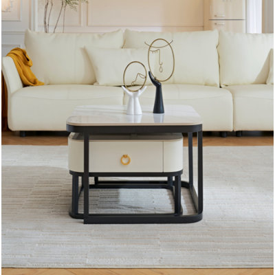 Table gigogne en marbre moderne, ensemble de 2 tables de bout pour salon, tables d'appoint empilables