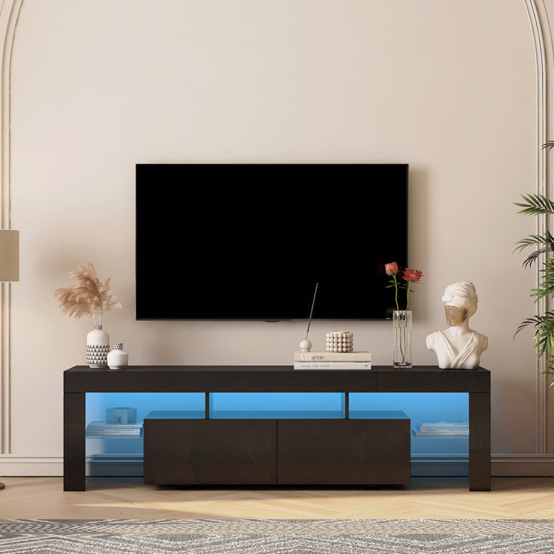 Meuble télé ultrabrillant avec lumières DEL pour téléviseur de 65 po ou moins, console de télévision moderne avec armoires de rangement pour le salon
