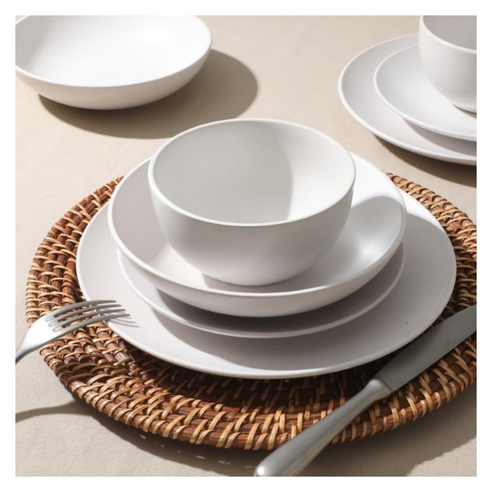 Gibson Home Queenslane 16 Piece Double Bowl Plates and Bowls Dinnerware Sets, White