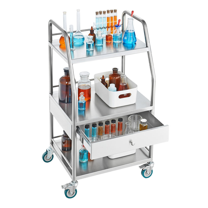 Chariot de service à 3 niveaux en acier inoxydable avec roulettes