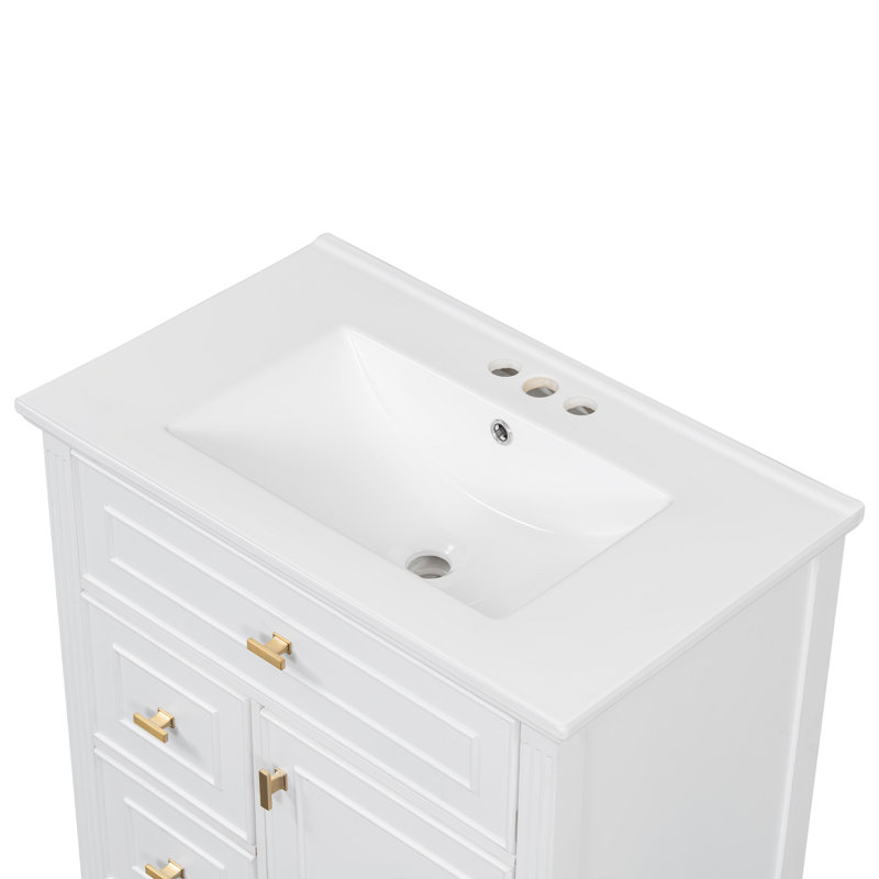 Meuble-lavabo de 30 po avec lavabo, meuble-lavabo avec un tiroir rabattable et deux tiroirs, tablette réglable, bois massif et panneau de fibres à densité moyenne, blanc