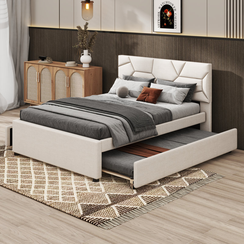 Lit plateforme tapissier avec rangement Stephenia, Double, Beige