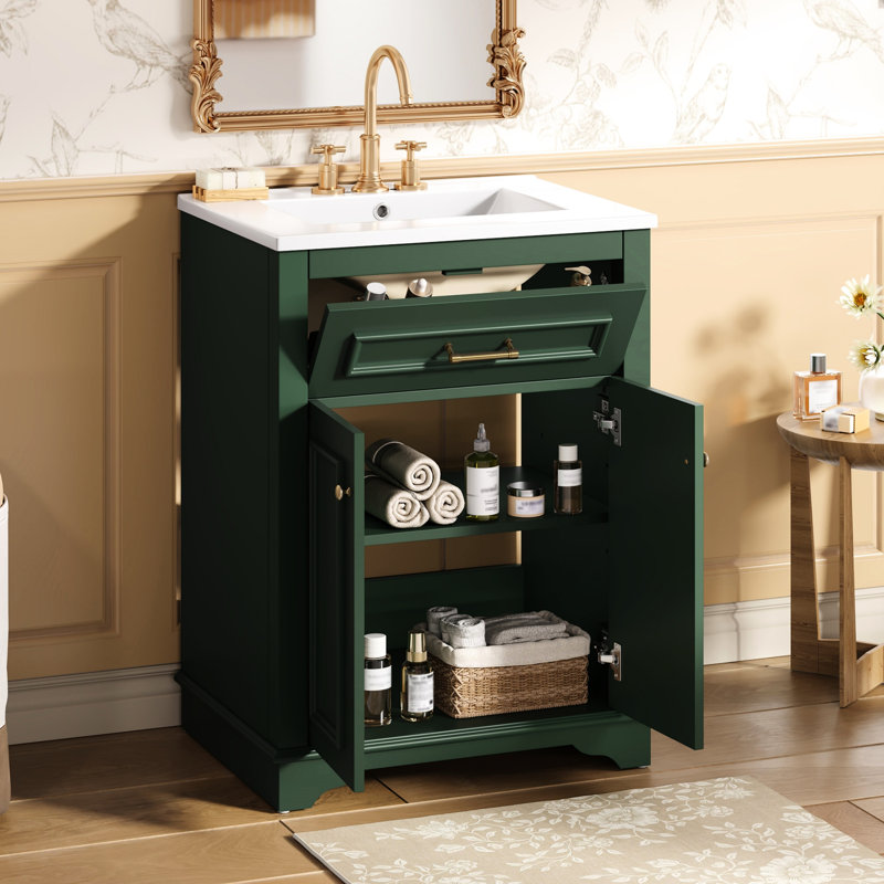 Meuble-lavabo de 61 cm (24 po) avec lavabo en céramique, 2 portes, 1 tiroir basculant, design compact, esthétique contemporaine, quincaillerie assortie, armoire intégrée à 2 portes, style moderne