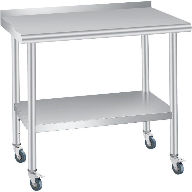 Stainless Steel Table for Prep & Work with Backsplash, Adjustable Undershelf & 4 Locking Caster Wheels, Metal Commercial Worktable for Restaurant Kitchen & Food Service