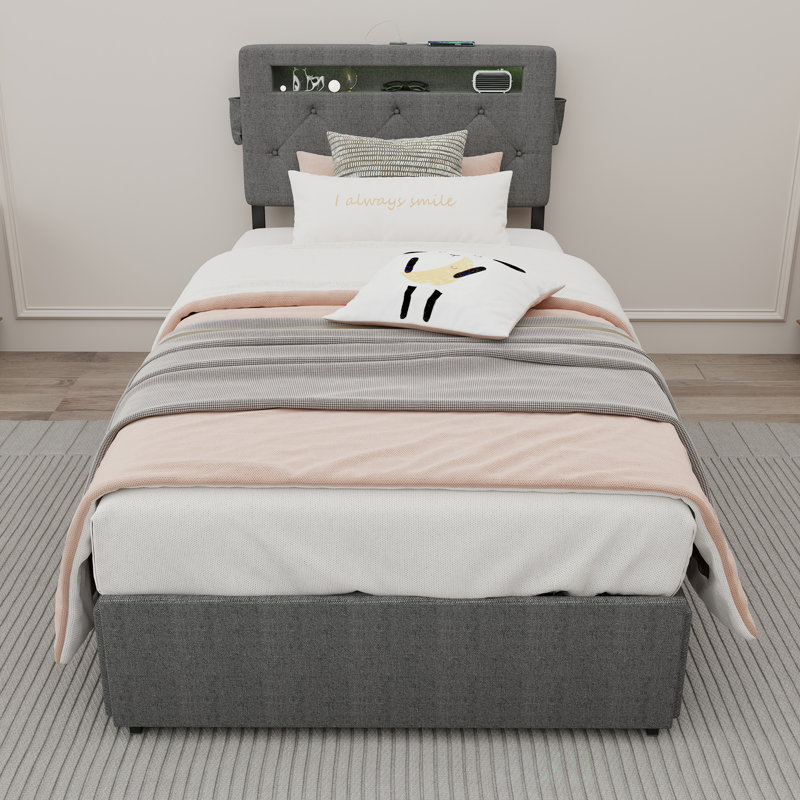 Cadre de lit simple avec station de charge USB et lumières DEL, tête de lit et 4 tiroirs de rangement pour les chambres modernes