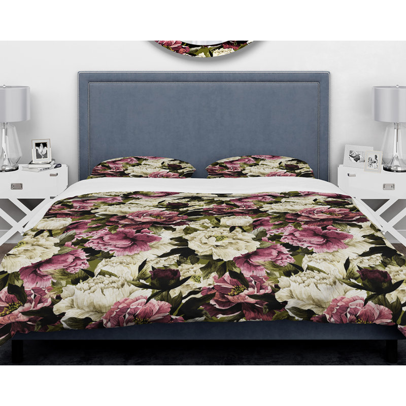 Ensemble de housse de couette designart à fleurs pivoines, Housse de couette grand + 2 taies décoratives
