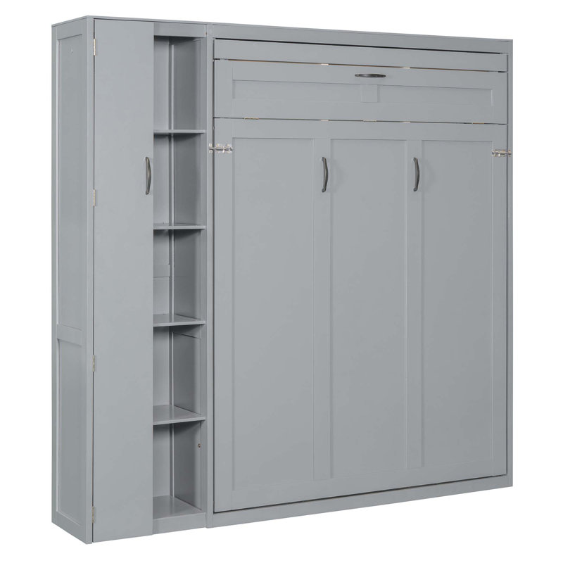 Lit escamotable mural Murphy avec tablettes, garde-robe et lumières DEL, Gris, Lit double