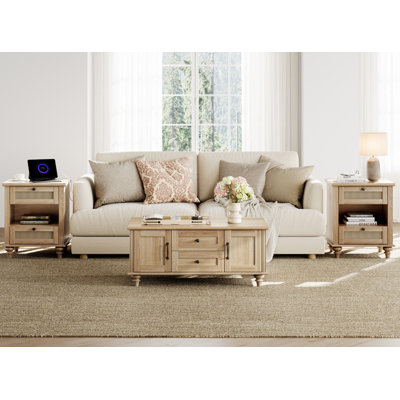Oak 3 Piece Living Room Table Set, One Coffee Table, Set Of 2 Rattan End Tables With Charging Station