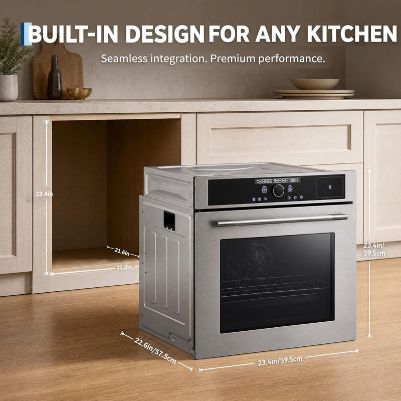 Four mural électrique encastrable 24 pouces 3000W, four en acier inoxydable de 2,5 pieds cubes avec 5 fonctions de cuisson, Menus intelligents, commande tactile et bouton, argent