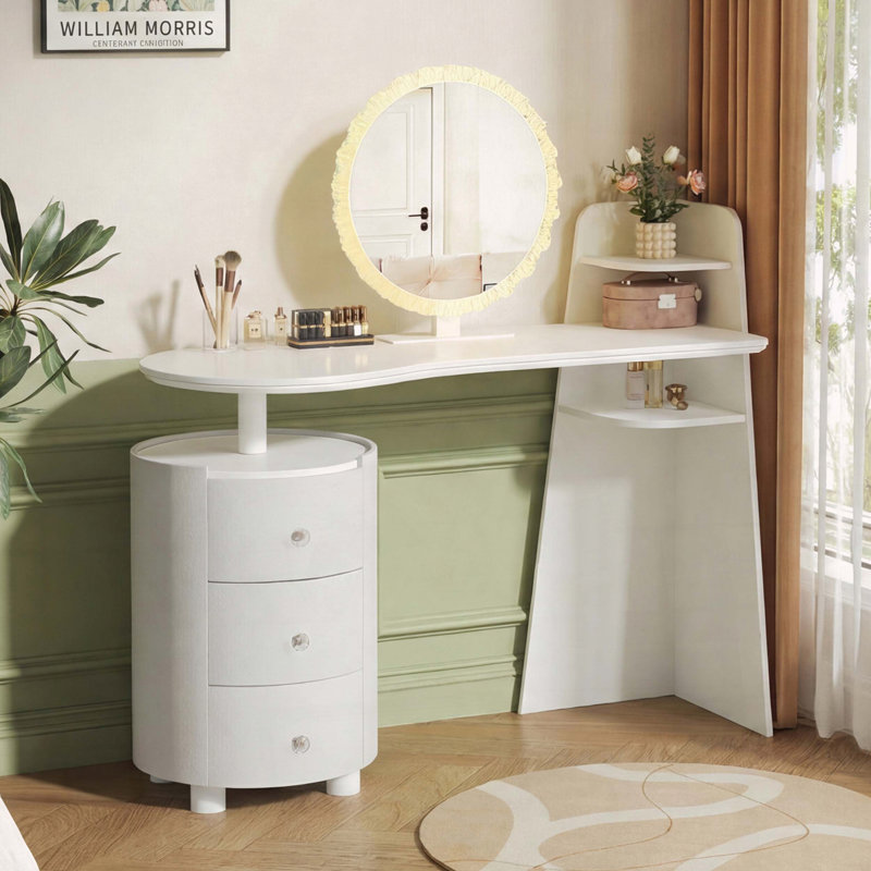 Coiffeuse avec miroir rond à DEL et armoire cylindrique tournante