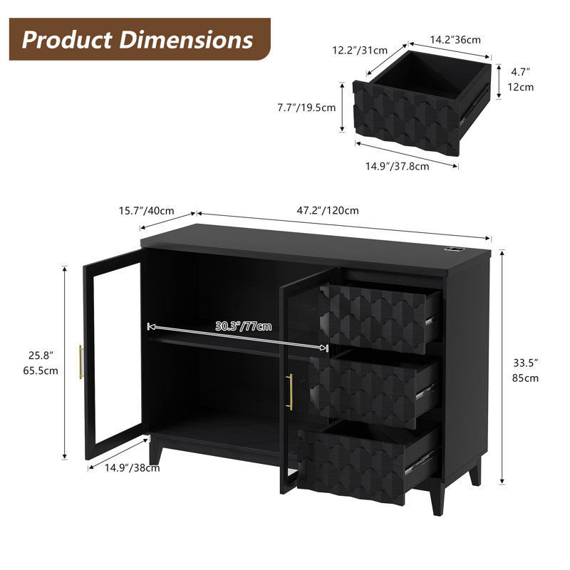 47.2"W 3-drawers Sideboard With Glass Door & 3-color LED Light, Black