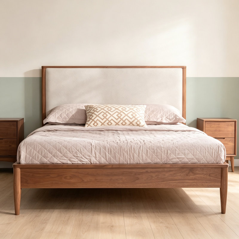 Lit plateforme de style Mid-Century moderne avec pieds fuselés, base de lit en bois massif grand lit, lit avec tête de lit tapissier Boucle, support de lattes en bois durable, aucun sommier nécessaire