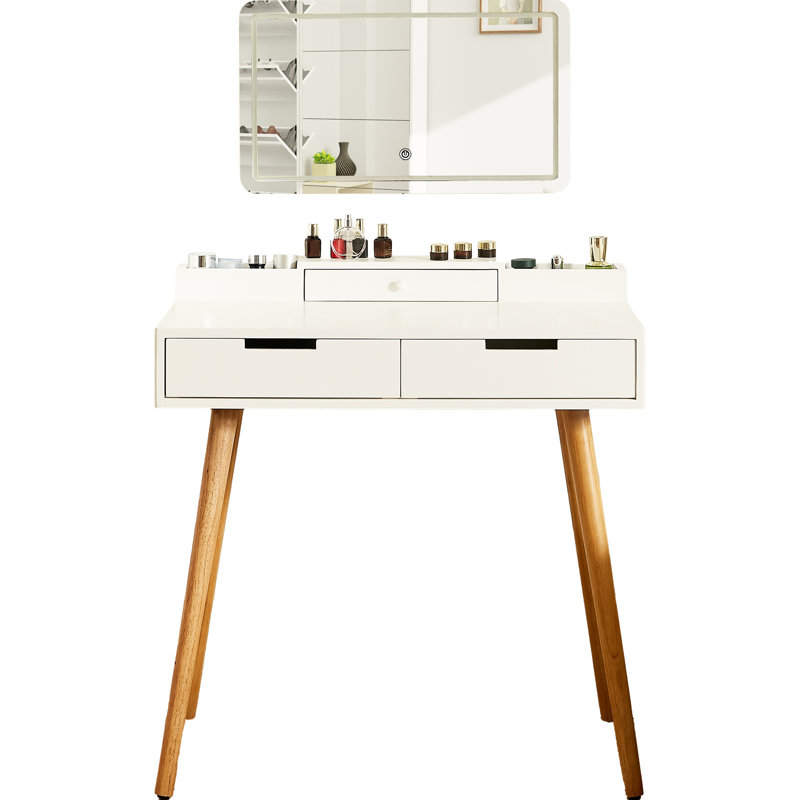Table de meuble-lavabo blanche 31,5 pouces avec 3 lumières à intensité variable, miroir amovible de 23,6 po x 13,7 po et 2 tiroirs pour la chambre à coucher, éclairage de bureau à maquillage, tablettes ouvertes