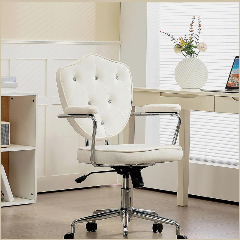 Home Office Chair, Computer Desk Chair with Button Tufted Velvet-Feel Fabric, Swivel Vanity Chair, Cream White
