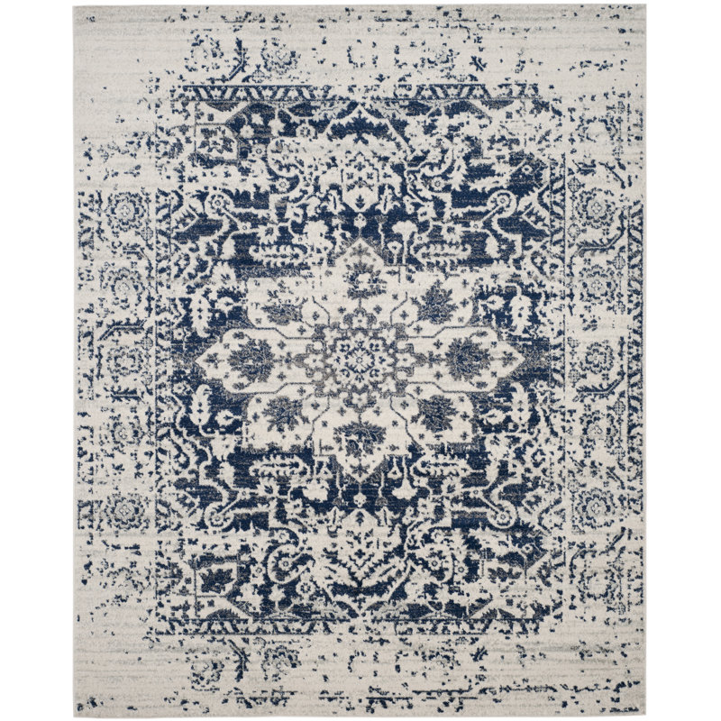 Tapis oriental iranien crème / bleu marine, Rectangle 12 pi x 18 pi