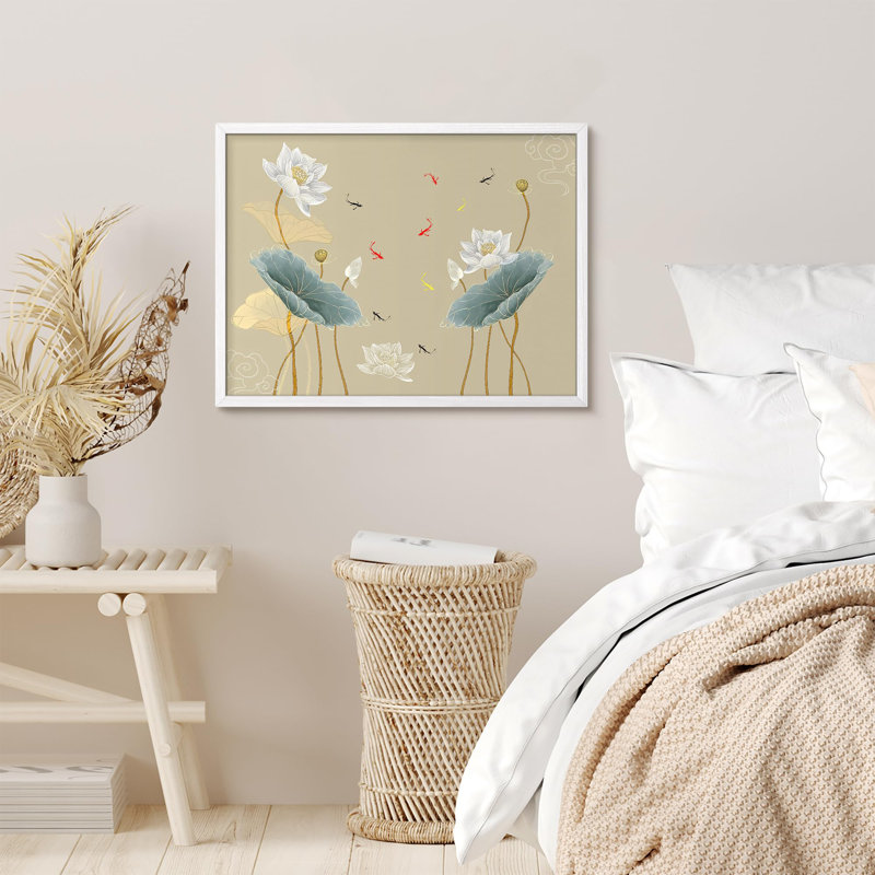 «Delicate Lotus Flowers and Playful Koi Fish in Asian-Inspired Design Prints», affiche encadrée rustique, Blanc