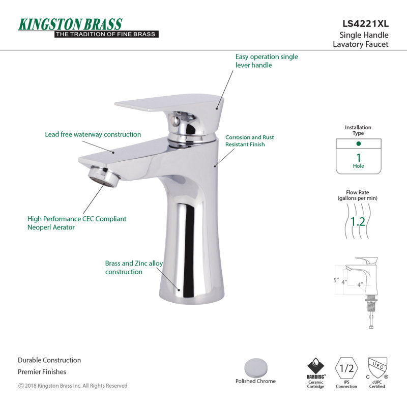 Robinet pour salle de bain à un trou avec ensemble de drain Millennium, Chrome poli