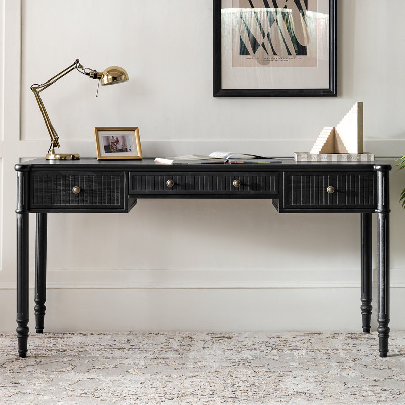 Hoai 60''W Transitional Fluted Simple Assembly Desk with Charging Station and Cable Management, Black