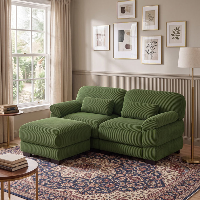 Canapé d'angle en L inspiré des nuages ​​avec pouf - 2 places, en velours côtelé, design modulable pour salon ou chambre