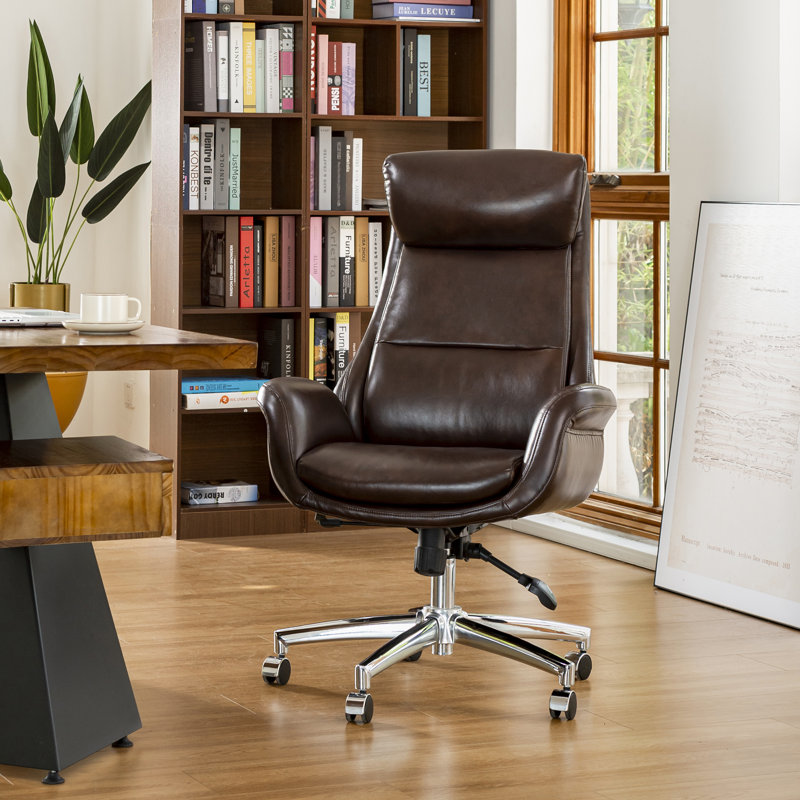 Corjan Mid-Century Modern Gas Lift Swivel Executive Chair or Office Chair with Headrest, Black, Coffee
