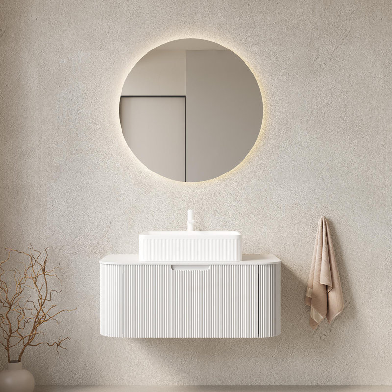 Meuble-lavabo de salle de bain avec lavabo, meuble de rangement mural à bords courbés et rayés avec 2 tiroirs, lavabo rectangulaire en céramique, sans robinet, pré-assemblé